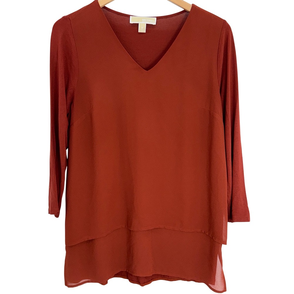Michael Kors V Neck Long Sleeve Layered Tunic Top Rust Orange Size M